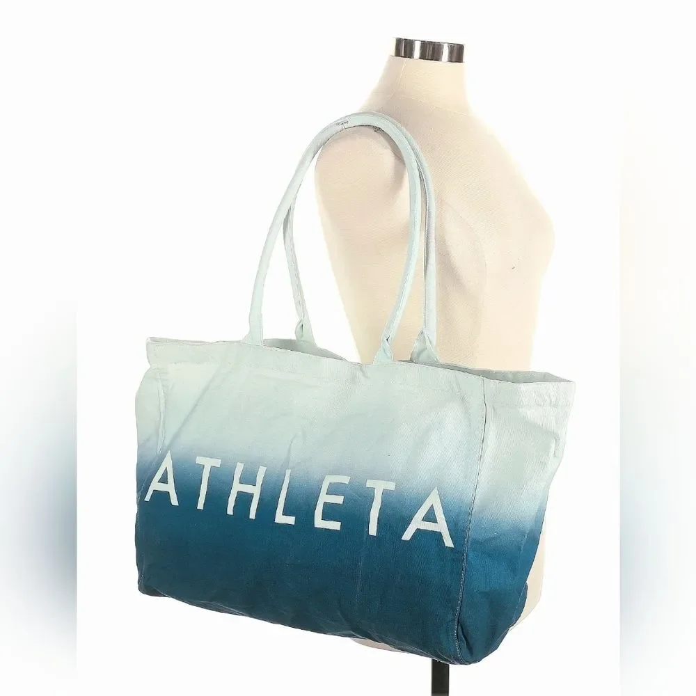 ATHLETA Blue Teal Ombre Cotton Canvas Large Tote Bag 19